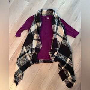 Lane Bryant Black and Cream Plaid Vest with Berry 3/4 Sleeve Swing Tee